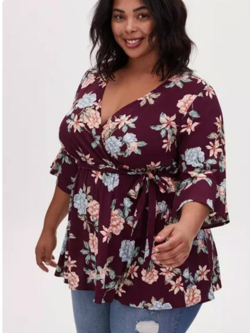 Torrid Plum Floral Faux Wrap Boho Blouse